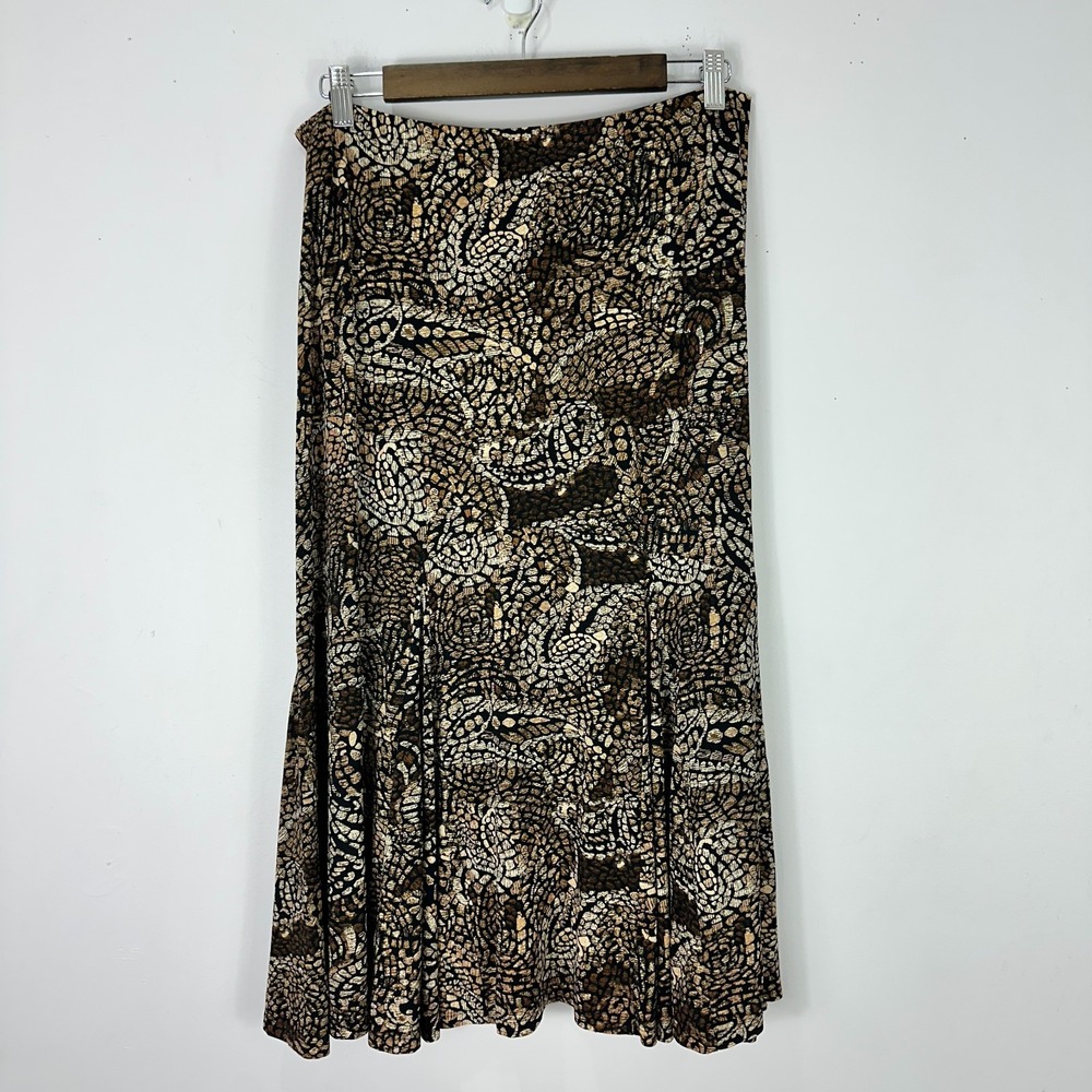 Chico's Travelers Skirt 2 Brown Black Abstract Animal Print Stretch Boho Career